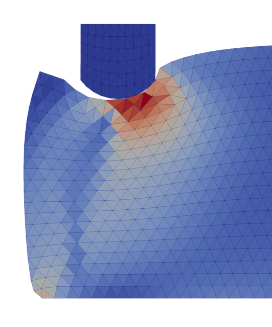 A stiff indenter discretised with triangular Finite Elements is in contact with an elasto-plastic base plate. The plot shows the distribution of the equivalent stresses which form a characteristic contact pressure bulb below the contact point. The track of the indenter shows strongly plastified material which does not spring back. PFEM remeshing is visible in the reorientation of element edges.