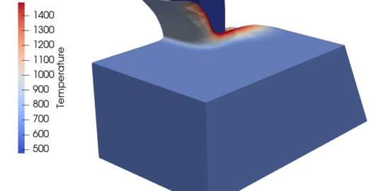 A chip is separated from a cuboid workpiece. The temperature distribution during the process is shown.